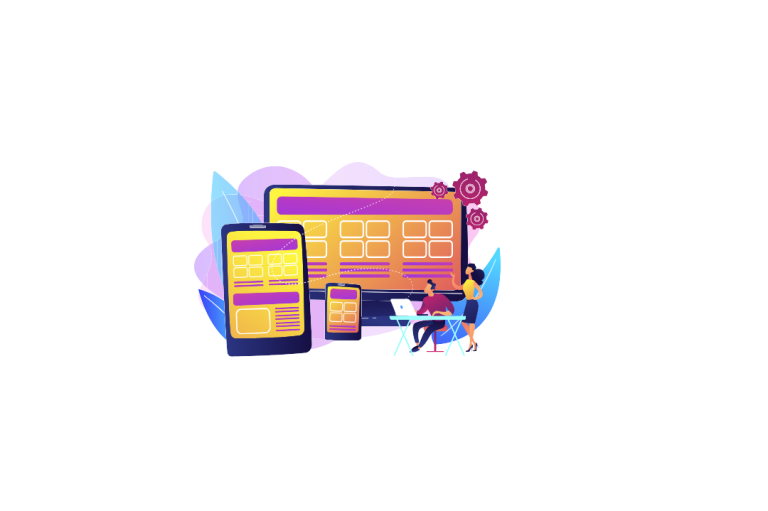 Colorful imagery of a phone, a tablet, and computer