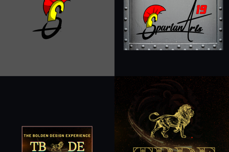 Examples of TBDE, LLC branding projects. First row: SpartanartsMedia single letter Branding on a grey background, Full SpartanartsMedia branding on a background depiction of a metal wall. Second row: TBDE, LLC business card depiction and then the full TBDE, LLC branding. All on a black background