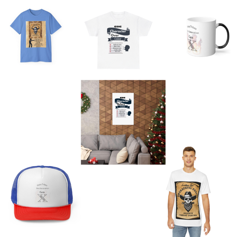 First Row: A t-shirt design, color blue. Another t-shirt design, white with blue and red lettering. A coffee cup with a design. Second  row: A second row with a trucker cap design, a poster based off the white t-shirt, and a t-shirt with a Most wanted Design, all designed by TBDE, LLC.
